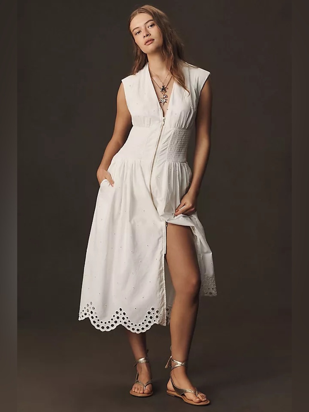 Anthropologie Maeve Tommie Cap-Sleeve Smocked Front-Zip Shirt Dress size L NWT